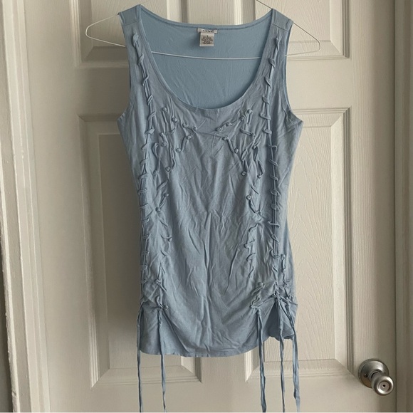 Blue scoop neck tank top with cascading string detail - Picture 3 of 5